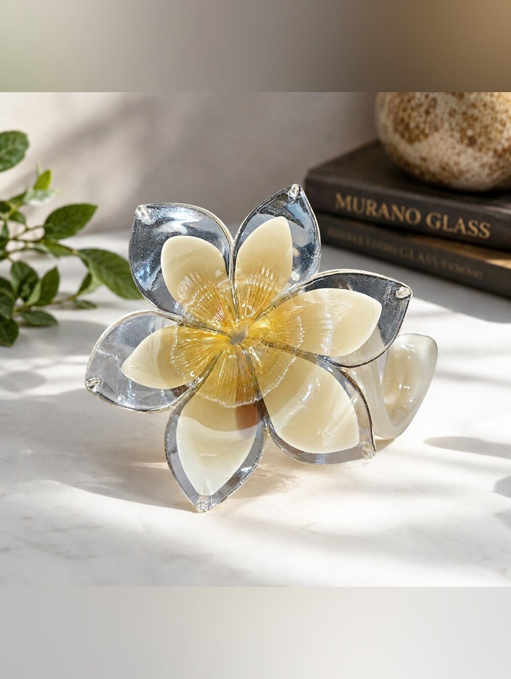 Vintage Murano Style Hand Blown Lily Flower Art Glass with Spiral Stem 6 Petals